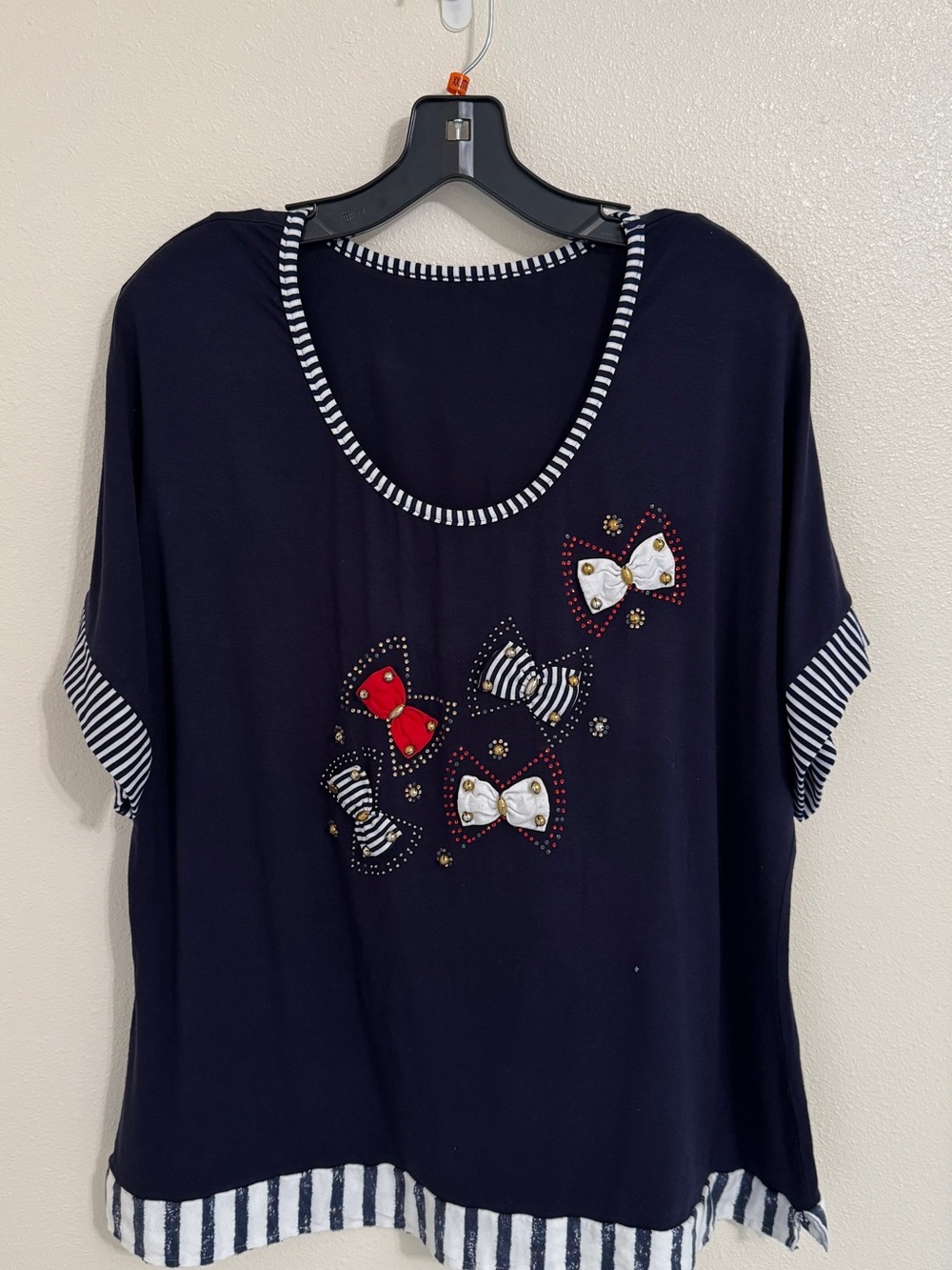 Navy Bow Accent Short Sleeve Top